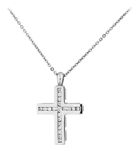 Collier or blanc et diamants Croix